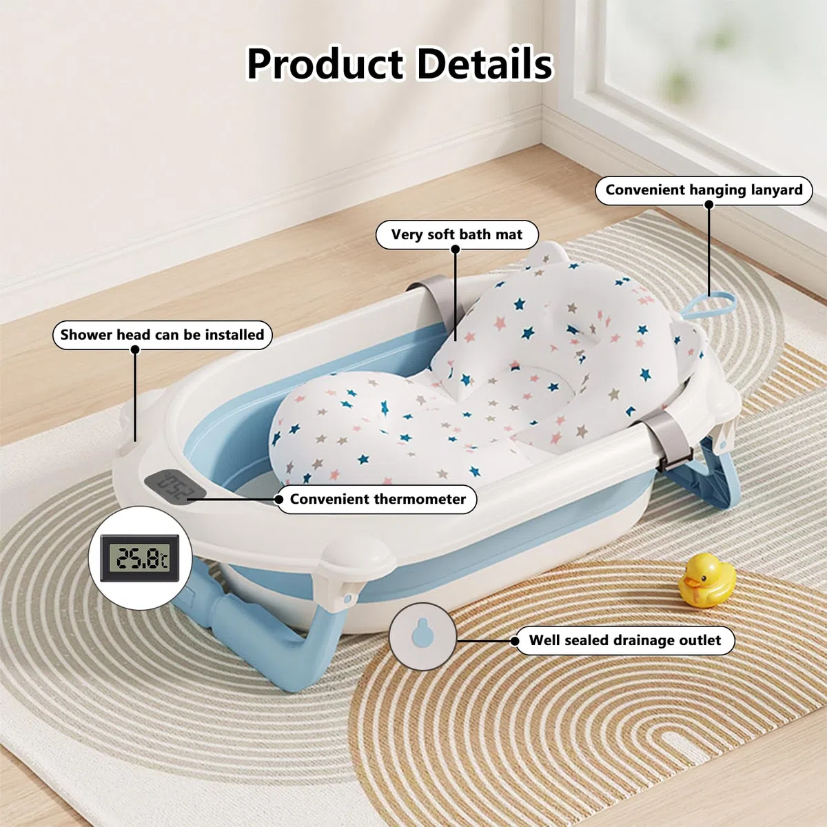 faltbare Babybadewanne mit Gestell, Wasserthermometer & Stützkissen, ergonomische Wanne für Neugeborene bis 12 Monate (Blau)