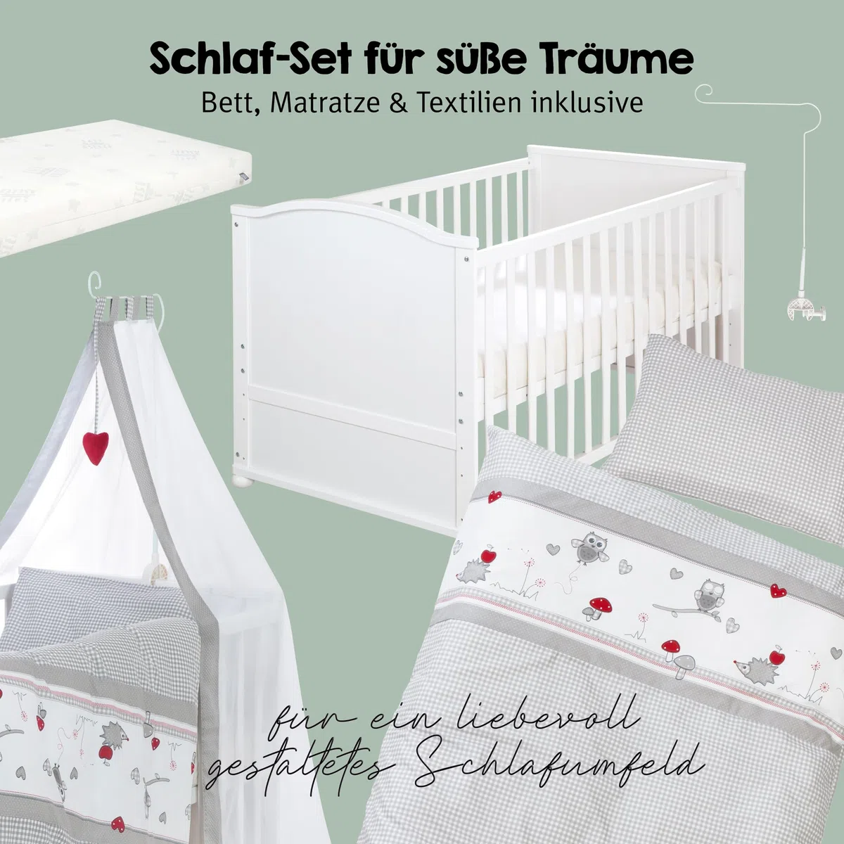 roba Babybett Set Adam & Eule 70x140 cm Mitwachsendes Kinderbett mit Bettwäsche Himmel Matratze Höhenverstellbar umbaubar Holz weiß