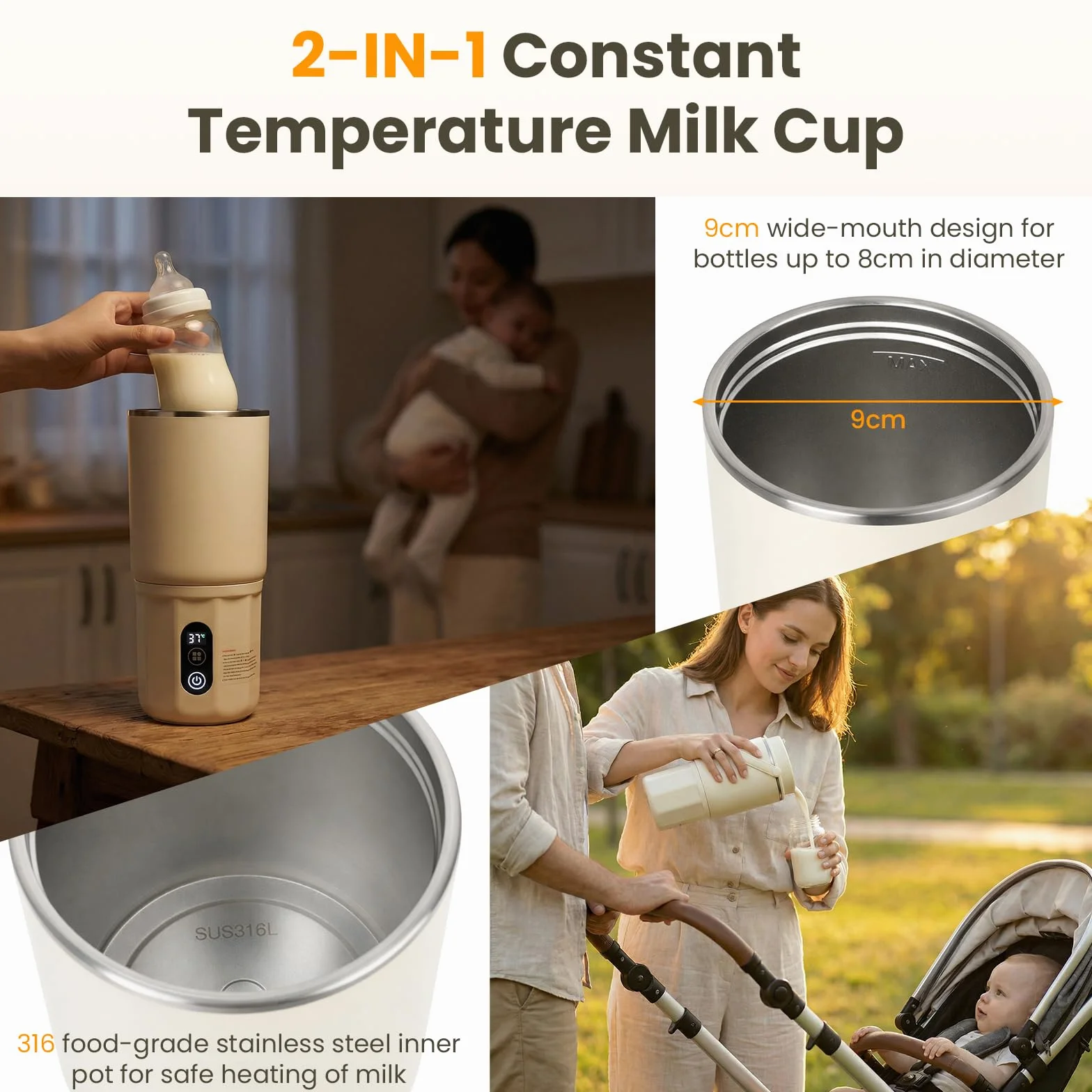 BEE&FLOWER Flaschenwärmer Baby Unterwegs 400ml Tragbarer Babyflaschenwärmer | 2-in1, 316 Edelstahl, 24h Konstante Temperatur, LED Touchscreen, 10400mAh Akku, BPA-frei, Ideal für Reisen