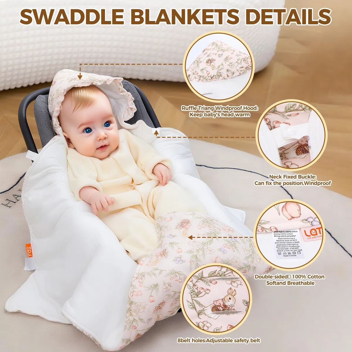 LAT Einschlagdecke für Babyschale, 90 * 90CM Universal Babydecke für Neugeborene, Kuscheldecke mit Kapuze Babydecke für Kinderwagen Buggy Autositz (Kaninchen und Blumen)