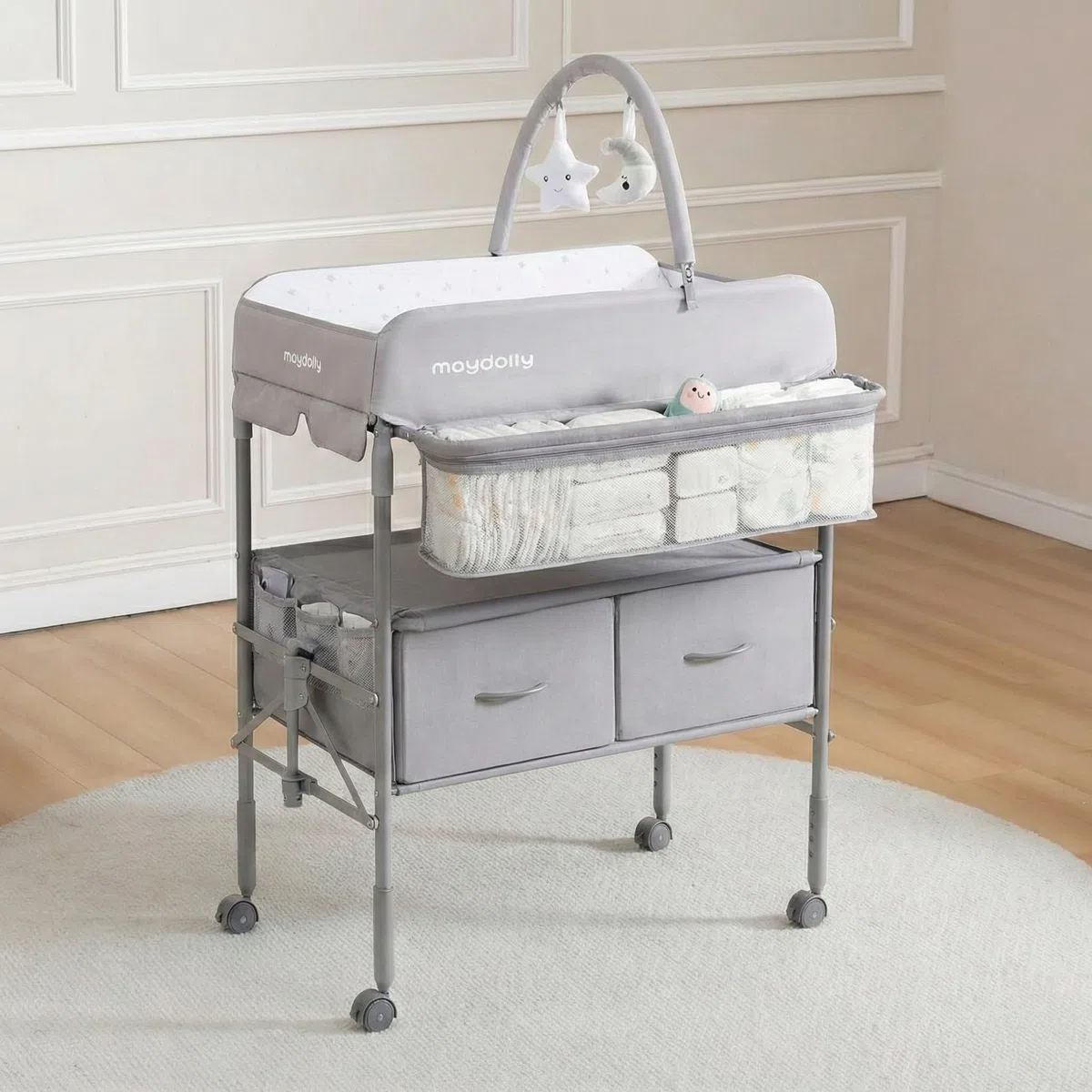 Maydolly Tragbarer Wickeltisch für Babys, Höhenverstellbar mit Rädern, Wasserdichtes Sitzkissen, Grau