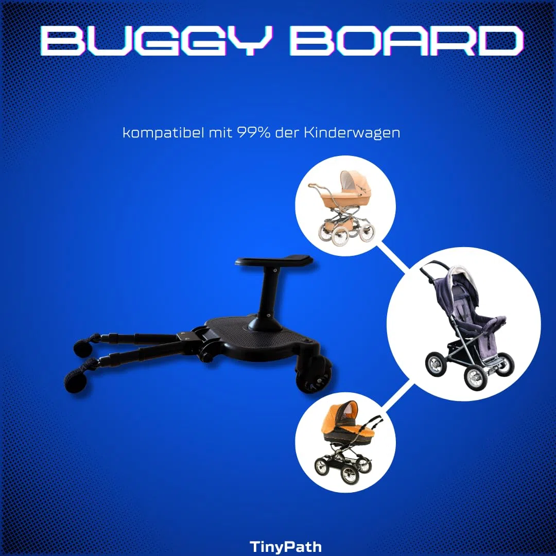 TinyPath Kinder Buggy Board - Universelles Trittbrett 14cm Sitz für alle Kinderwagen & Reisebuggys | Geschenkidee | Sicher, stabil & rutschfest | Einfache Montage | Kinderwagen-Zubehör