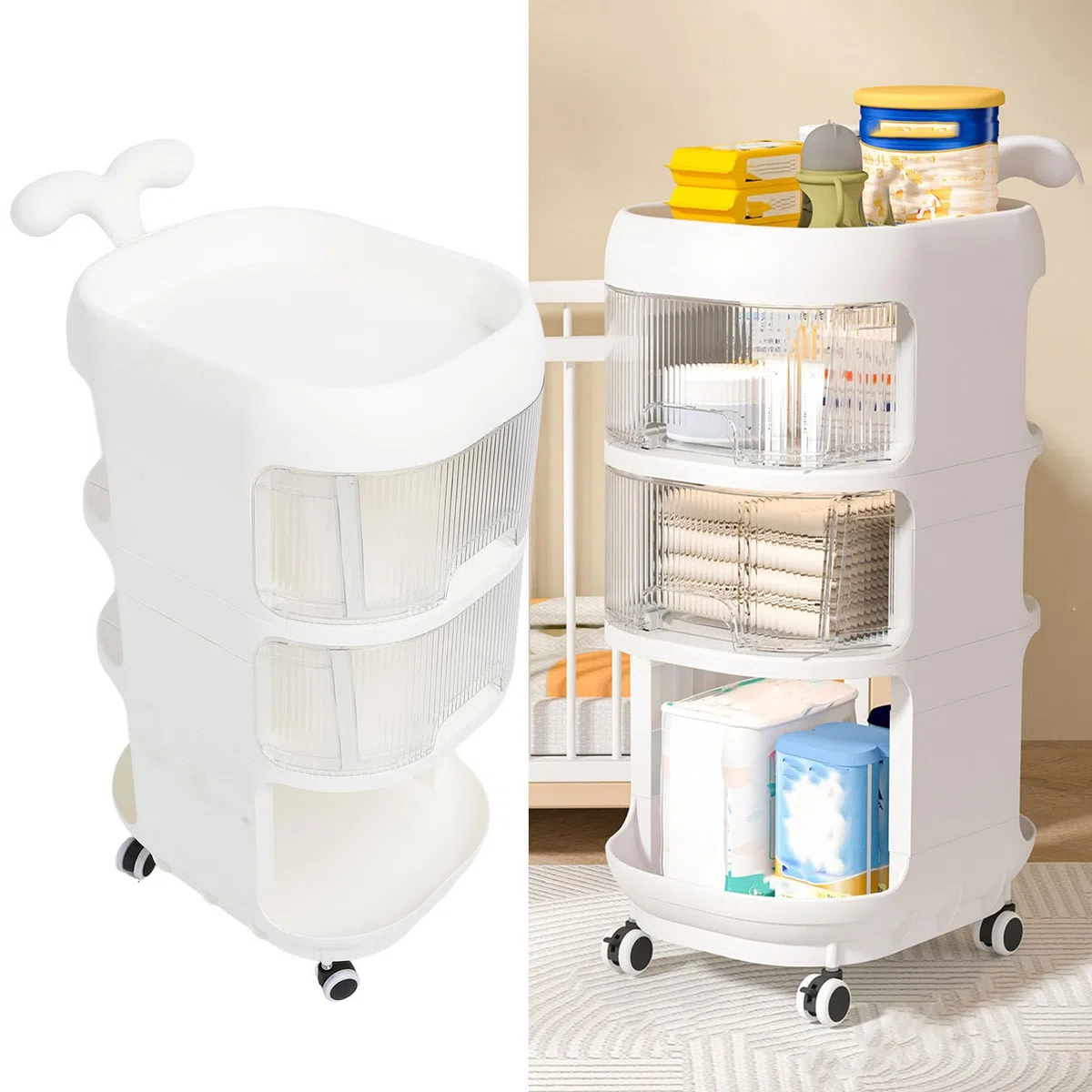 Baby-Aufbewahrungswagen, 3-stufiges Roll-Utility-Organizer-Rack, Aufbewahrungswagen, Zusammenklappbarer Roll-Utility-Wagen, Multifunktionaler Mobiler Snack-Organizer Küche,