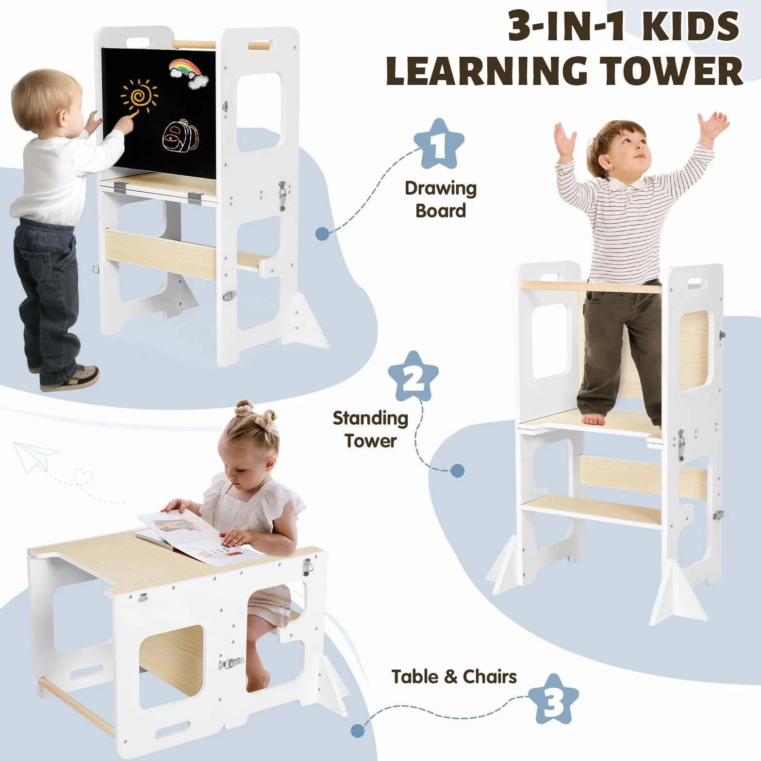 Labebe Lernturm ab 1 Jahr, Montessori Learning Tower mit Tafel, 3 in 1 Multifunktion Lernturm Klappbar, Umkippschutz Farbblockiertes Tritthocker Kinder-Weiß&Holz