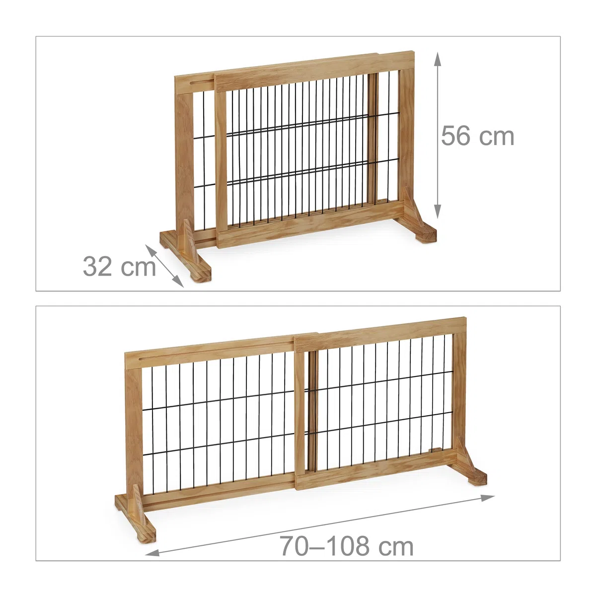 Relaxdays Absperrgitter, ausziehbares Schutzgitter, Treppe & Tür, HxB: 56x70-108 cm, freistehend, Kinder & Hunde, Natur