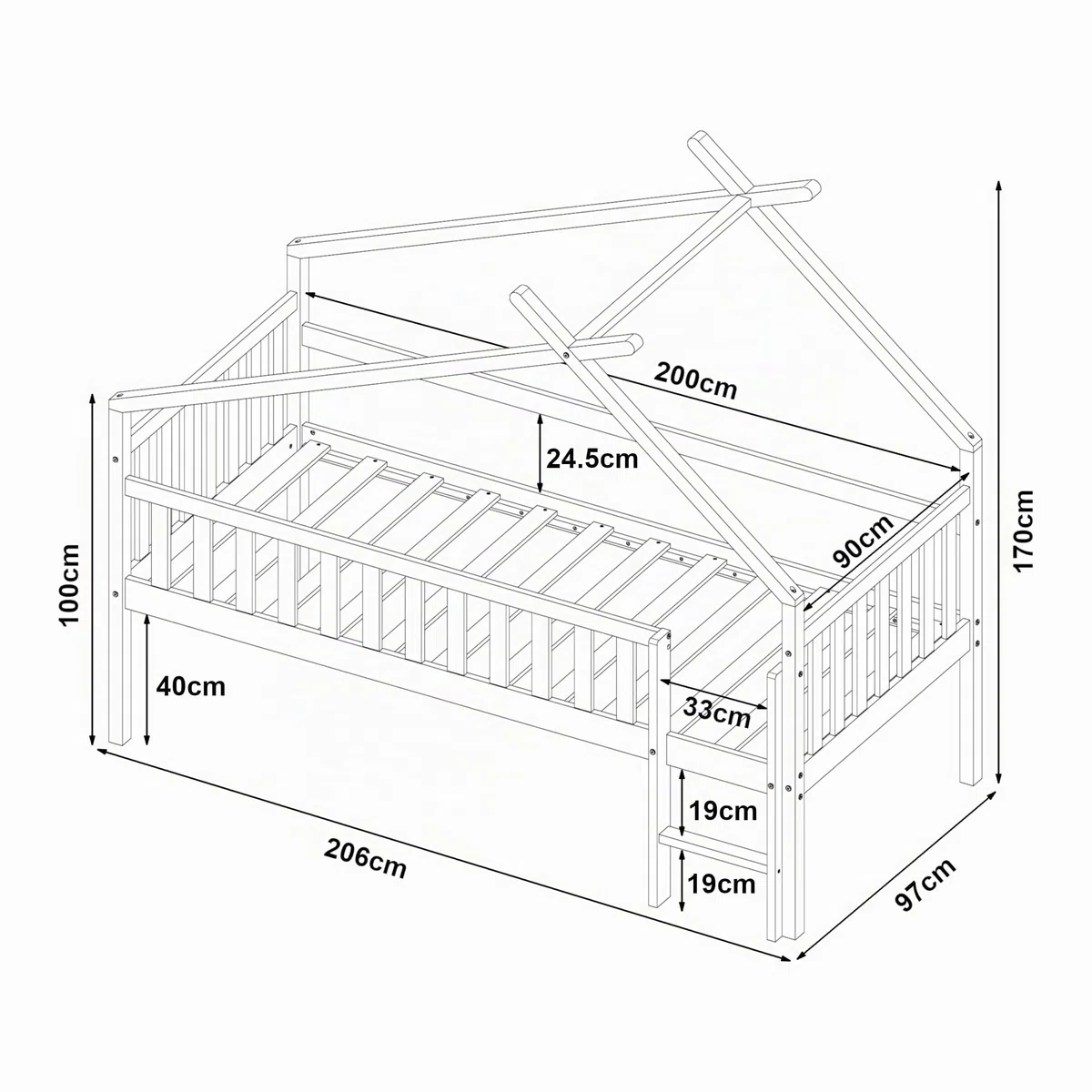 [en.casa] Kinderbett Sotkamo Hausbett 90 x 200 cm Holzbett für Kinder mit Rausfallschutz und Leiter Bettgestell aus Kiefernholz Natur