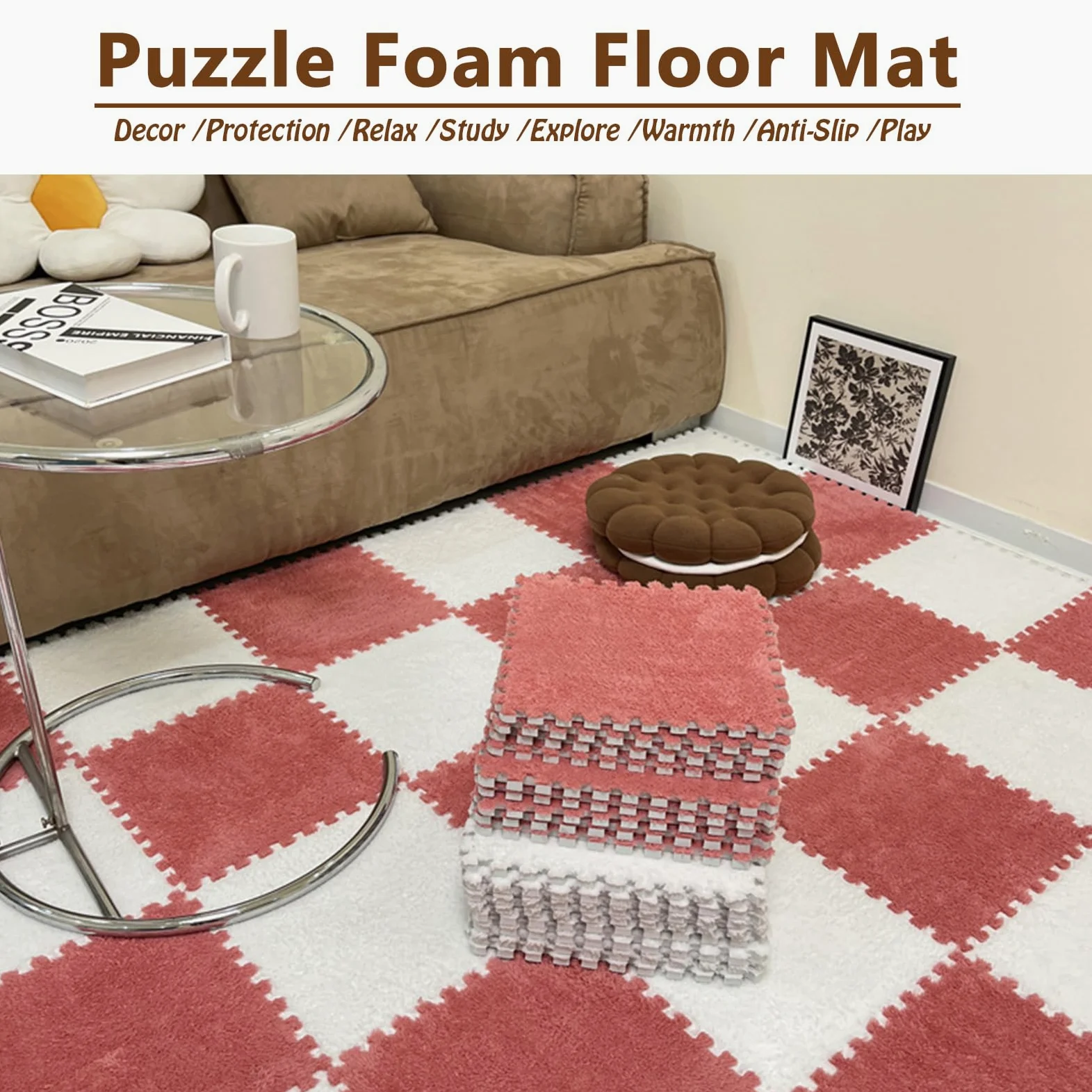 16 Stück Ineinander Greifende Teppichfliesen für Den Boden, Puzzle-Schaumstoff-Bodenmatte, Plüsch-Puzzle-Spielmatte