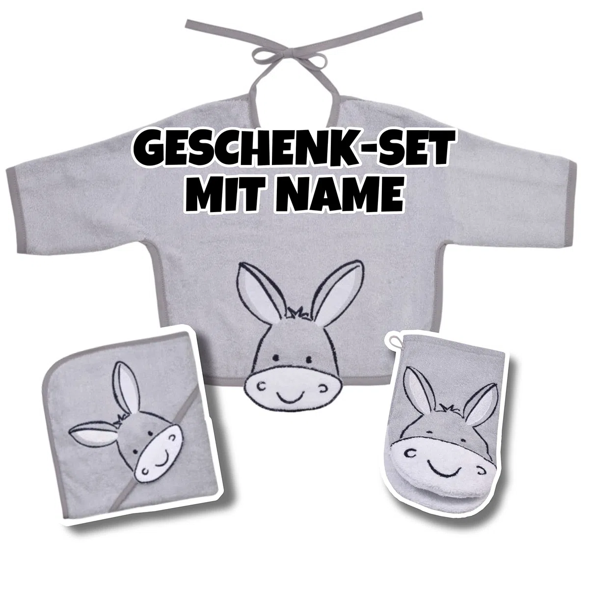 Baby Geschenk Set | personalisiert | Kapuzenhandtuch Baby 80x80 cm + Waschlappen Baby + Baby Lätzchen | Baby Erstausstattung | Pflegeset | personalisierte Geschenke Baby (Esel Grau)