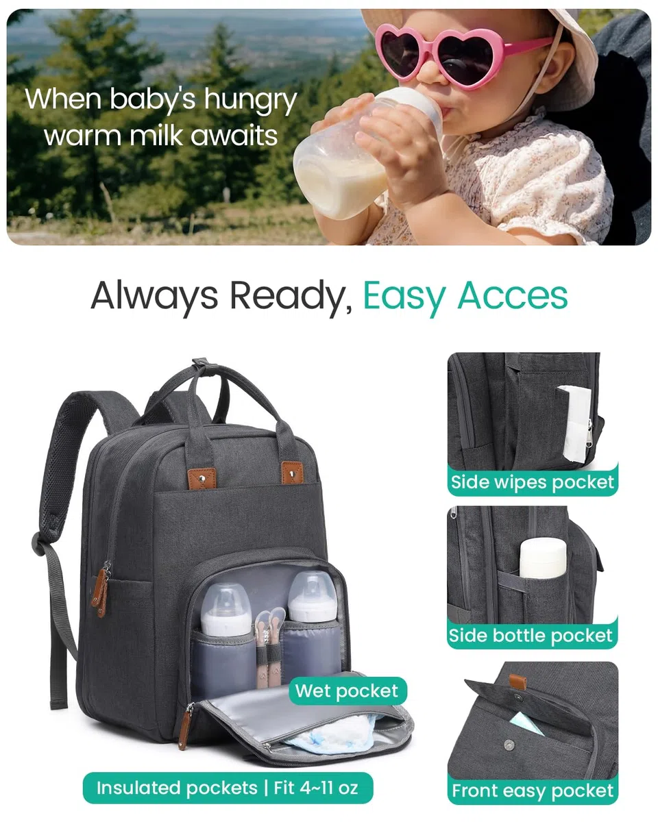 Qualyphant Großer Diaper Bag Backpack - 23 Taschen, Erweitbar, 31 Liter, Grau, Einfarbig, Polyester, Minimalistisch, Rucksack
