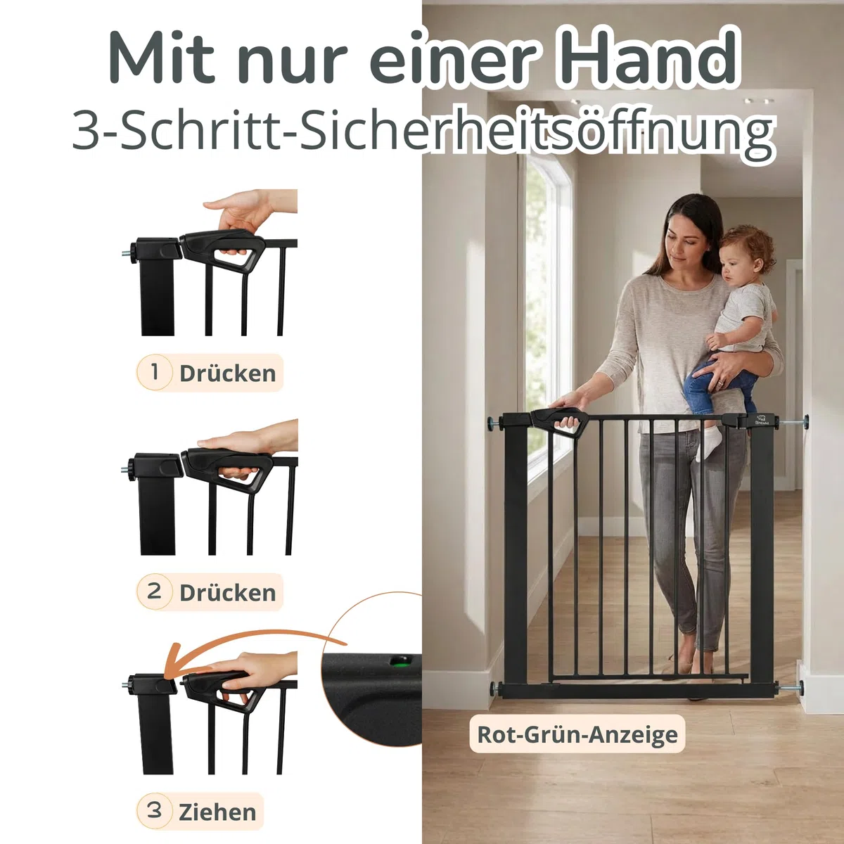 Babygitter Tür ohne Bohren – BALU Tür- & Treppenschutzgitter 152-159 cm, Auto-Close & Safety-Lock Rot/Grün, inkl. Anti-Stolper-Rampe, Türschutzgitter erweiterbar bis 166 cm