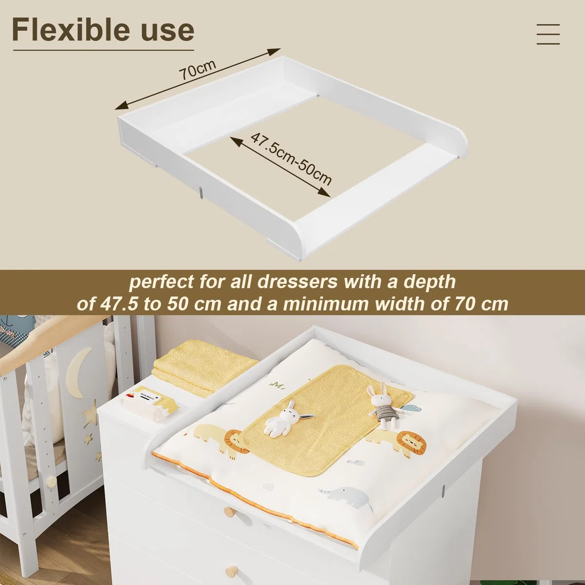 WOLTU Wickelaufsatz für Wickelkommode, Wickeltischaufsatz 70 x 10 x 80 cm, passend für Tiefe 47,5–50 cm, mit Metallschnallen und Anti-Kipp-Gurt zur Wandbefestigung, Weiß