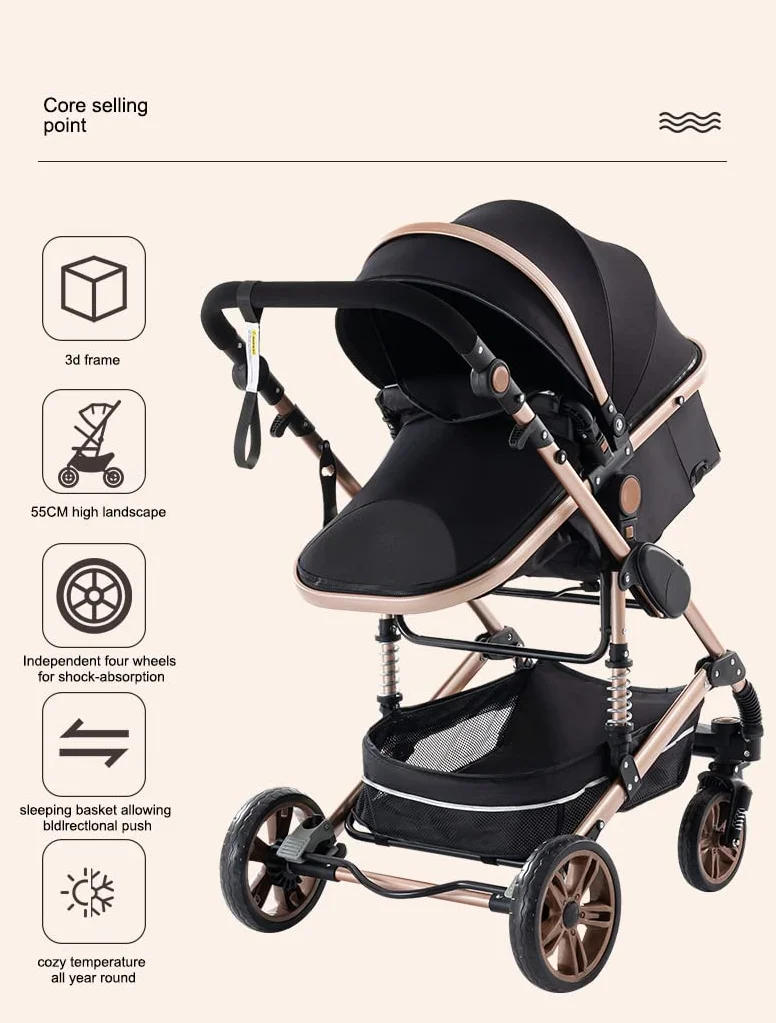 YAZOCO 3 in 1 Kinderwagen Kombikinderwagen komplettset Zusammenklappbar baby kinderwagen incl Babywanne & Buggy Sportsitz & Fußsack & Moskitonetze (Schwarz und Gold)
