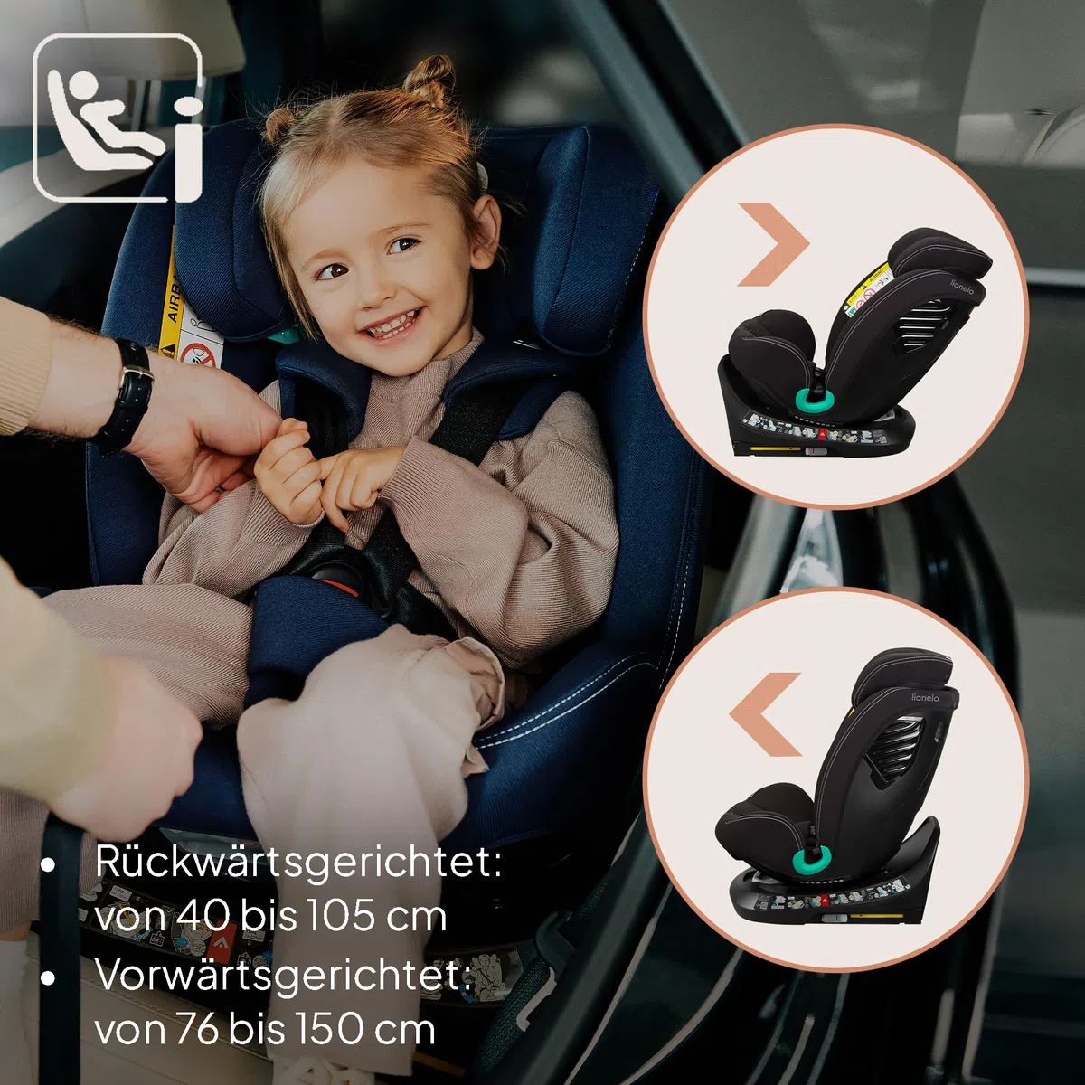 Lionelo Bastiaan i-Size One 360o drehbarer Autositz für Kinder 40-150 cm | Montage in Fahrtrichtung und entgegen der Fahrtrichtung möglich, ISOFIX Pas TopTether Einstellbare Rückenlehne