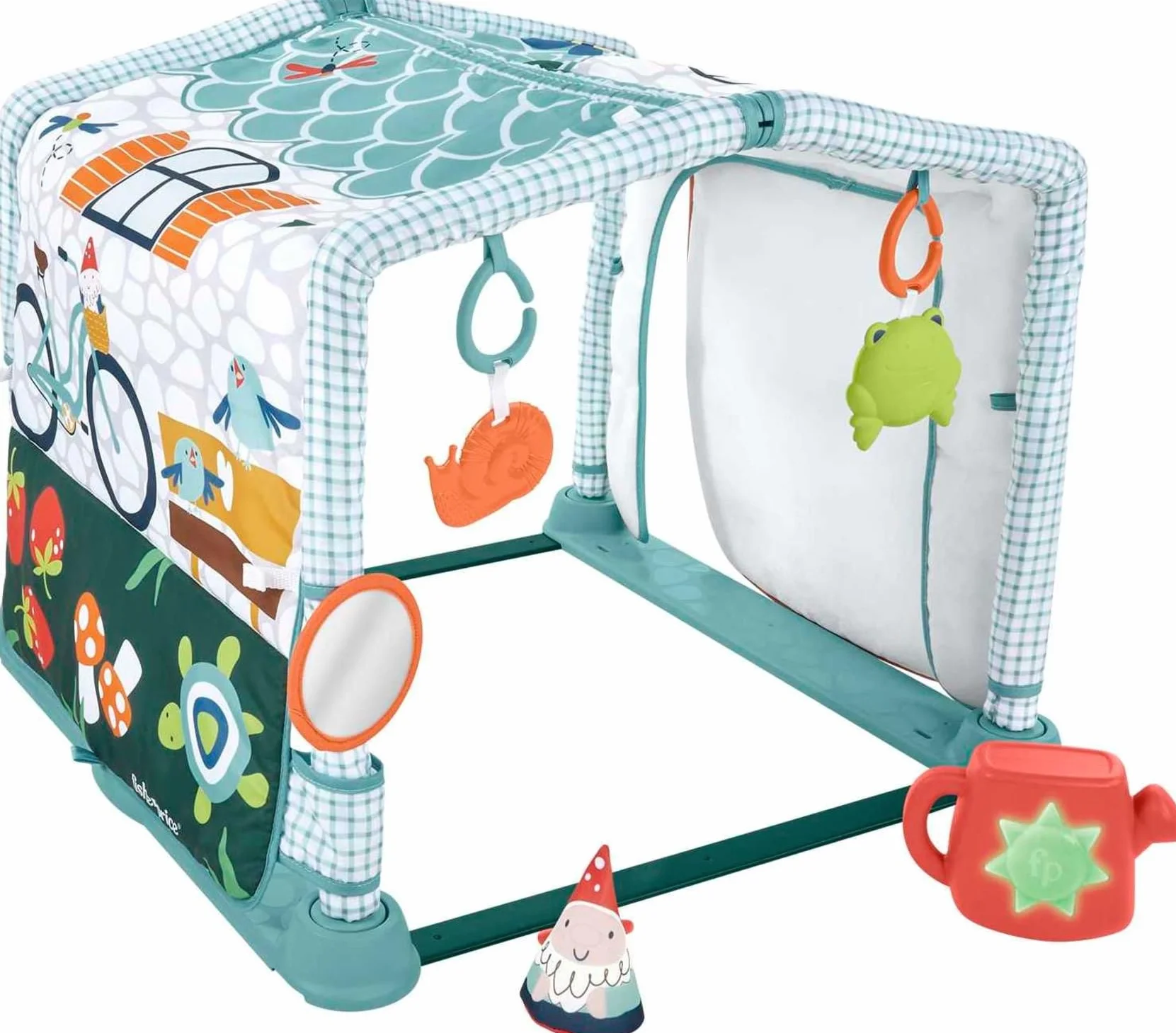 Fisher-Price HJK45-3-in-1 Kleine Ferienhaus Spieldecke, Spieldecke für das Spielen in Bauchlage und Tunnel zum Hindurchkrabbeln mit Spielzeug für Babys und Kleinkinder ab der Geburt