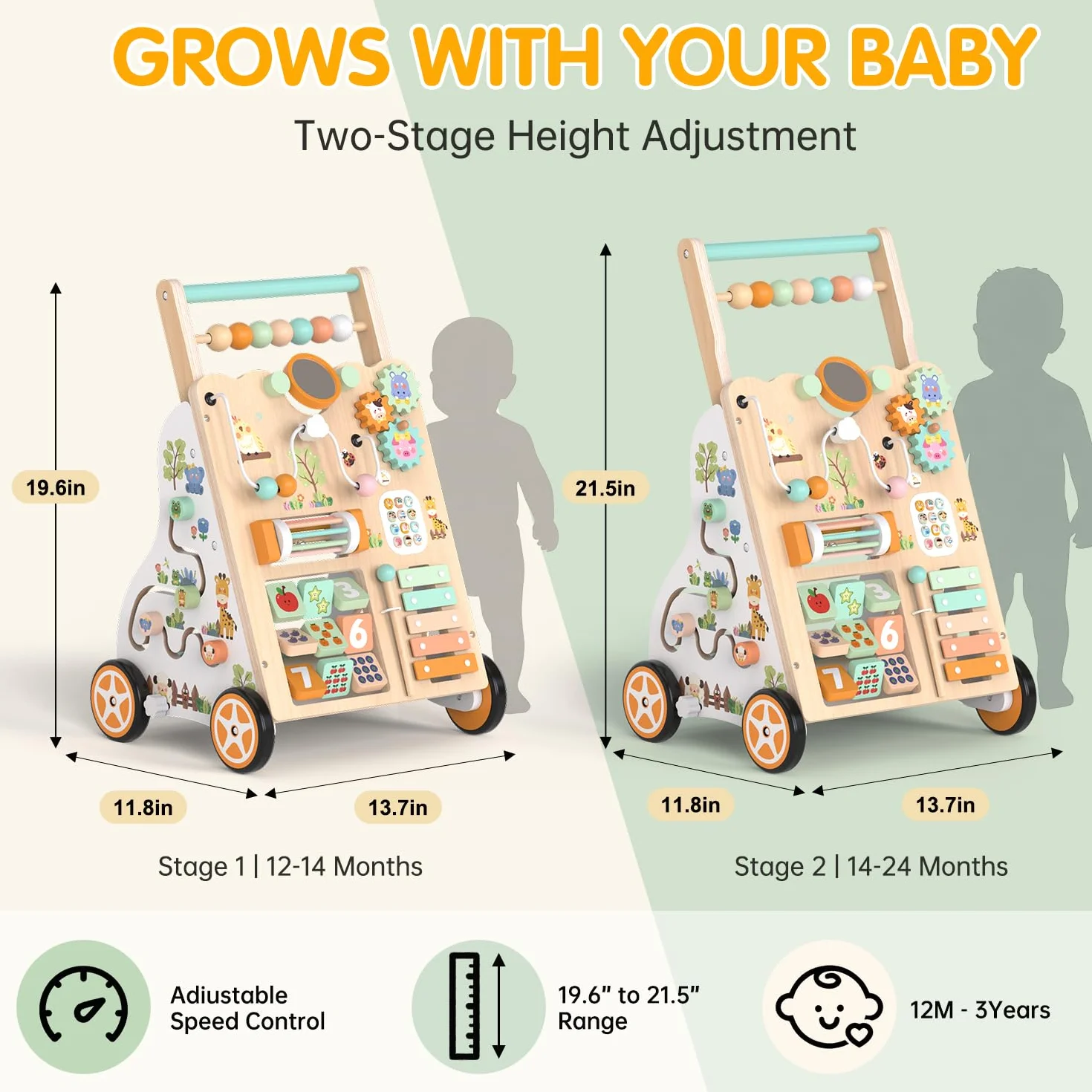 Weilim Baby Lauflernwagen Holz, Montessori Lauflernhilfe ab 12 Monaten | Sensorik-Spielzeug 10 Aktivitäten, Geschwindigkeit & Höhe verstellbar, Xylophon Labyrinth Perlen Spiegel, Jungen & Mädchen