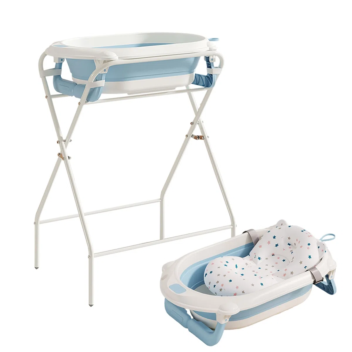 faltbare Babybadewanne mit Gestell, Wasserthermometer & Stützkissen, ergonomische Wanne für Neugeborene bis 12 Monate (Blau)