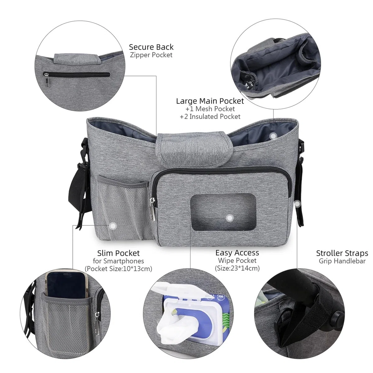 Kleine Wickeltasche, Kinderwagen-Organizer mit isoliertem Getränkehalter und Schultergurt, Mini-Kinderwagen-Aufbewahrungstasche for den Außenbereich(Dark blue)