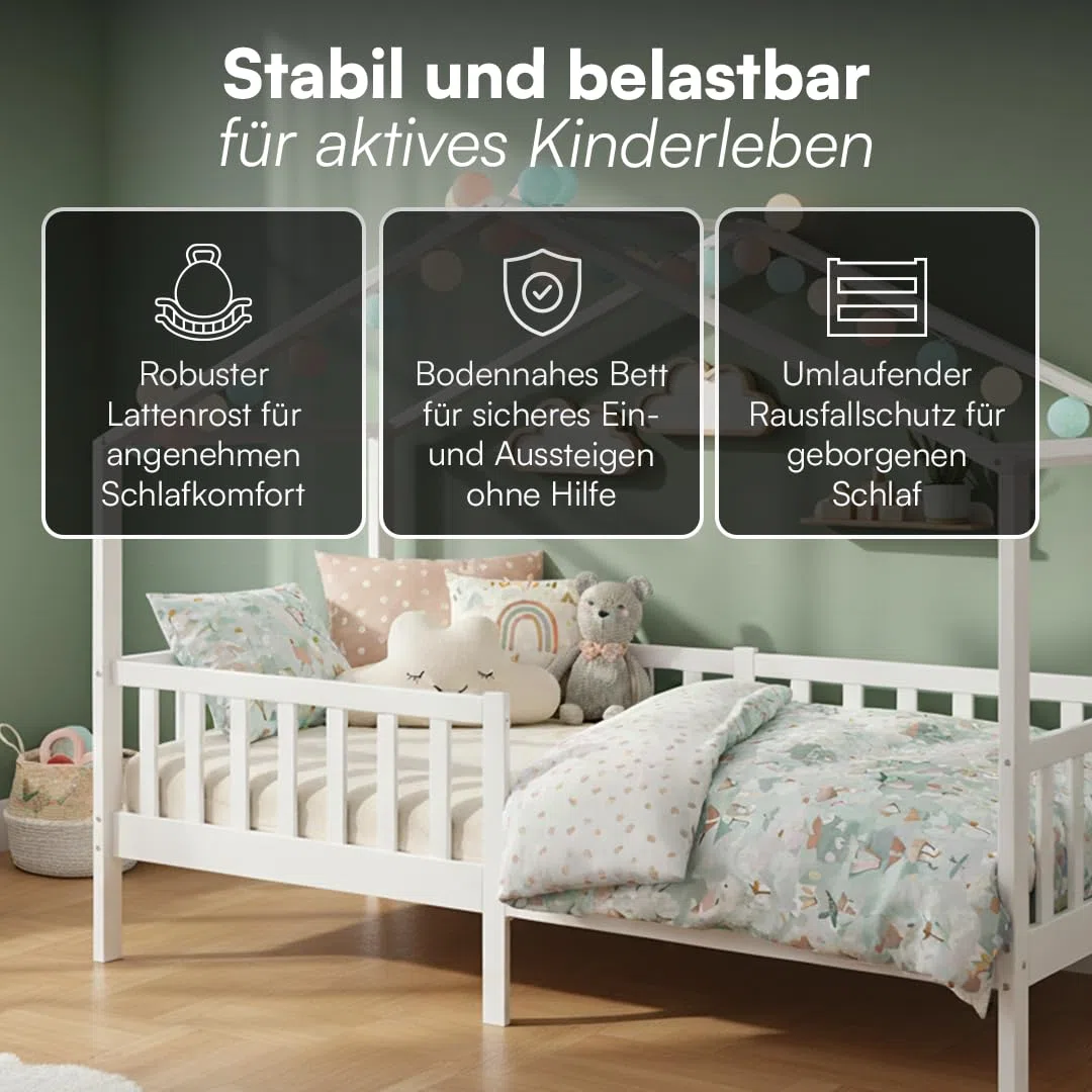 Bellabino Bia Kinderbett 90x200 cm – Hausbett mit Rausfallschutz & Lattenrost – Montessori Kinder Bett aus Massivholz Kiefer – Kinderhausbett für Jungen und Mädchen in Weiß