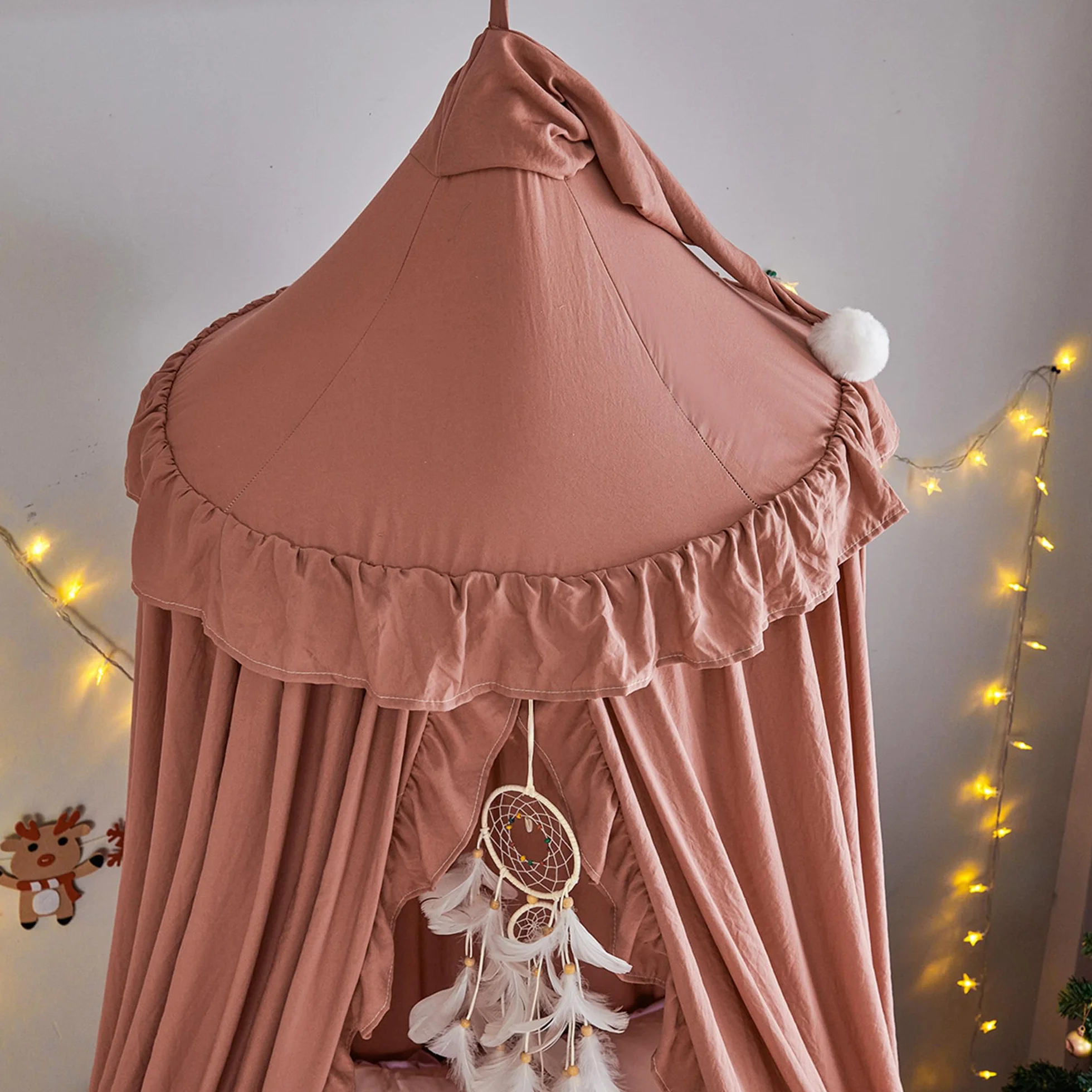 Betthimmel für Mädchen Prinzessin Runder Kuppel Träumendes Moskitonetz Bettwäsche Mädchenzimmer Schloss Spielzelt Hängendes Haus Dekor Leseecke Baldachine(Bohnenpaste rot)