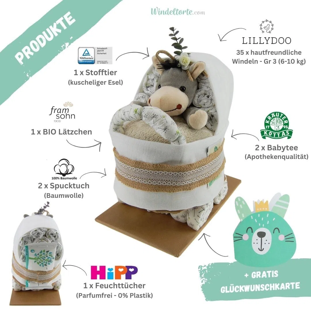 Kinderwagen mit Kuscheltier - Plüschtier - Geschenk zur Geburt - Babyparty - Baby - Babyshower - Pullerparty (Vintage/Jute/Boho)