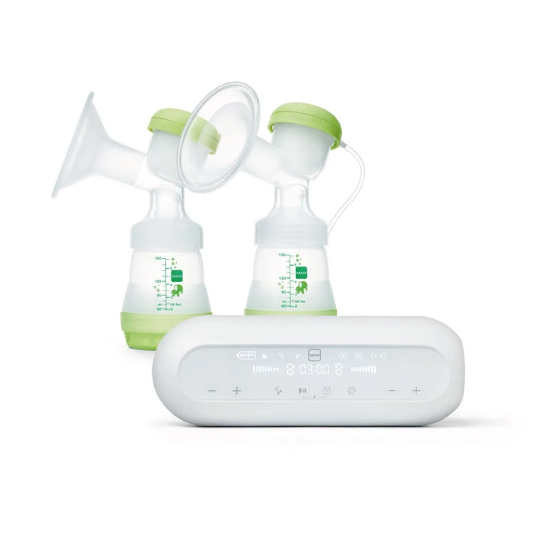 Mam 2-in-1 Doppel-Milchpumpe, elektrisch und manuell, enthält 1 x weiche Silikonbecher, 2 x Easy Start Anti-Colic Flasche 160 ml mit Saugern Größe 1 (0+), 2 x Unisex-Milch- und Lebensmittelbehälter.