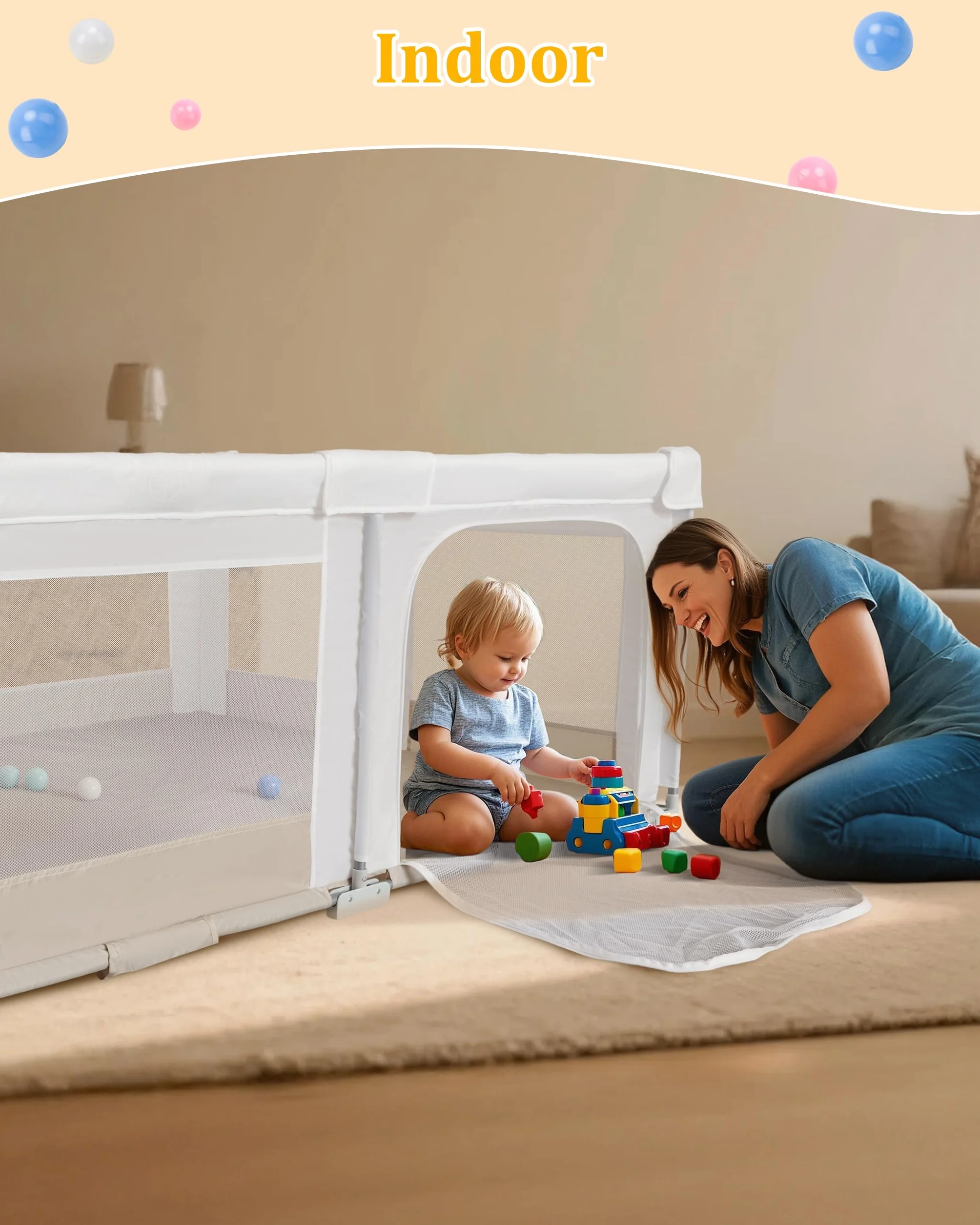 Großer und Faltbarer Laufstall für Baby: 180 x 150 x 75 cm Playpen,für Drinnen und Draußen,mit 20 Bällen,1 Basketballkorb,4 Griffen und 1 Reisetasche – Idealer Spielbereich für Kinder