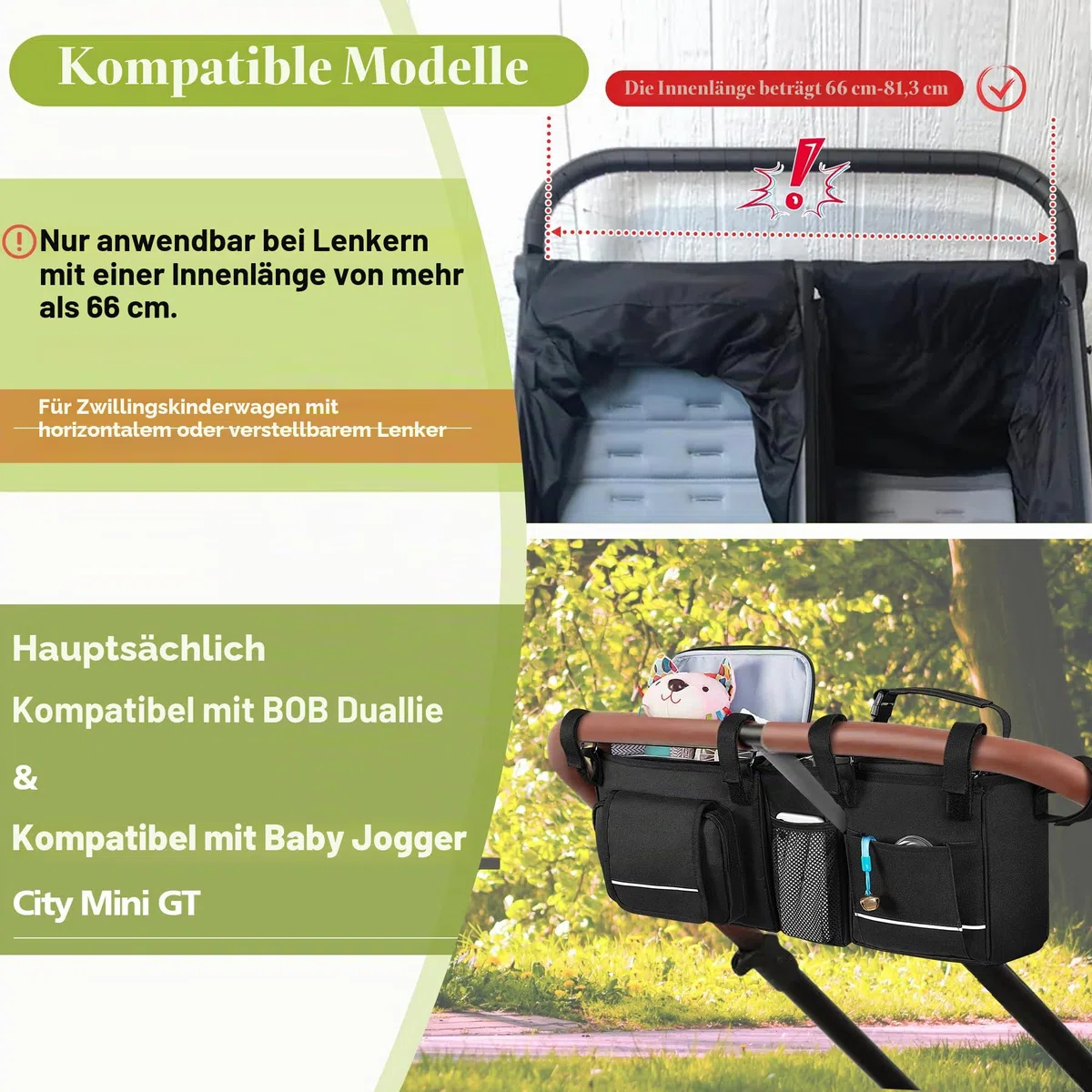 HODRANT Hängender Doppel Kinderwagen Organizer, Kompatibel mit City Mini GT2 Double & Kompatibel mit BOB Duallie Kinderwagen, Kinderwagen Caddy mit abnehmbarer Kühltasche, Nur Tasche