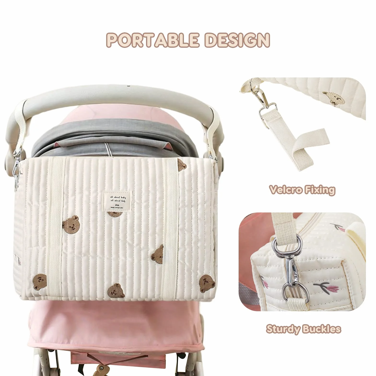 SONARIN Stickerei Baby Wickeltasche,Stilvolle Große Kapazität Baumwolle Reise Wickeltasche Tragetasche Henkeltaschen Tragbare Leichte Babytasche Mama Tasche mit Kinderwagen Haken(Bär)