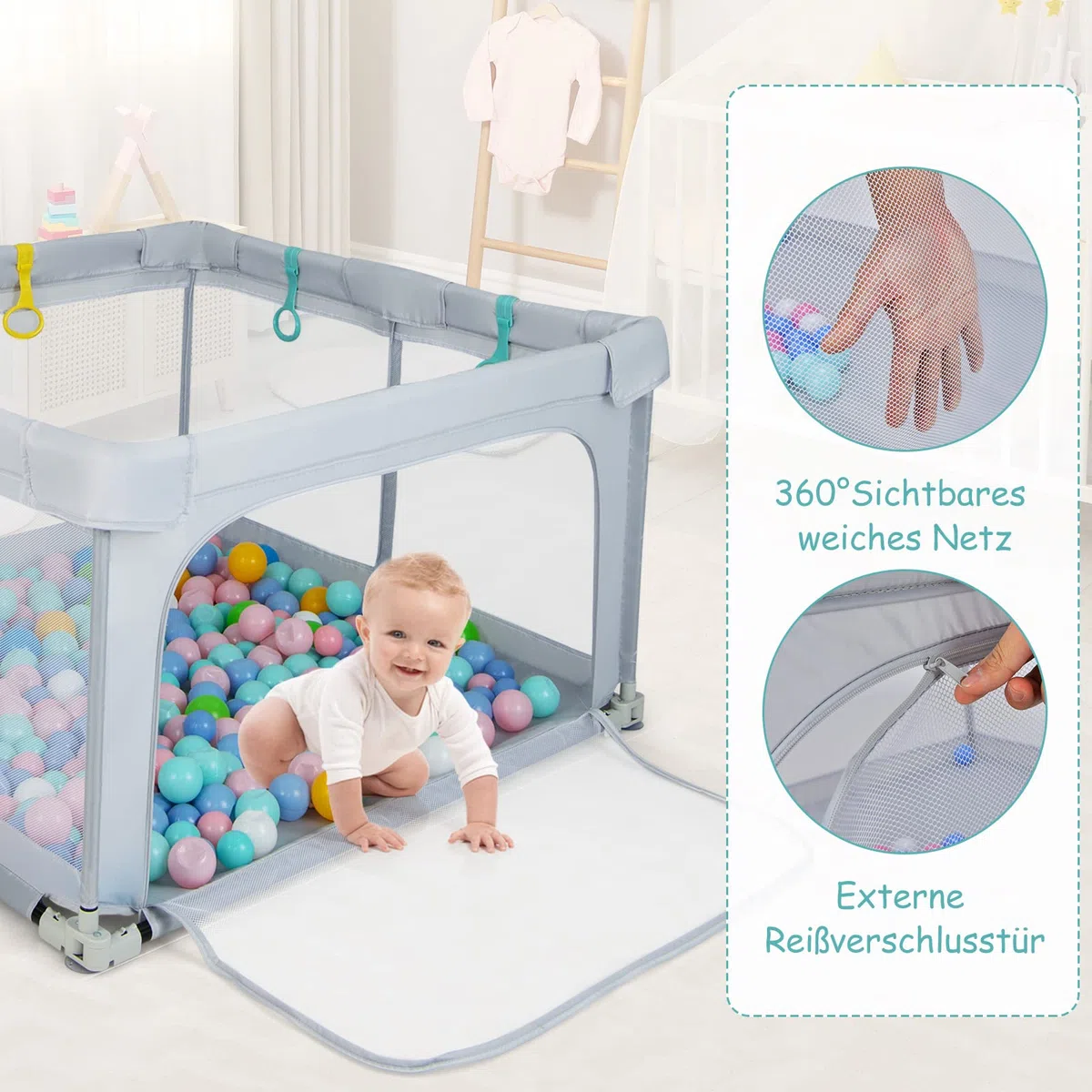 DREAMADE Laufstall Baby, 126 x 126 cm Laufgitter Klappbar mit 50 Spielbällen & 4 Zugringen, Schutzgitter mit Atmungsaktivem Netz & Reißverschluss (Hellgrau)
