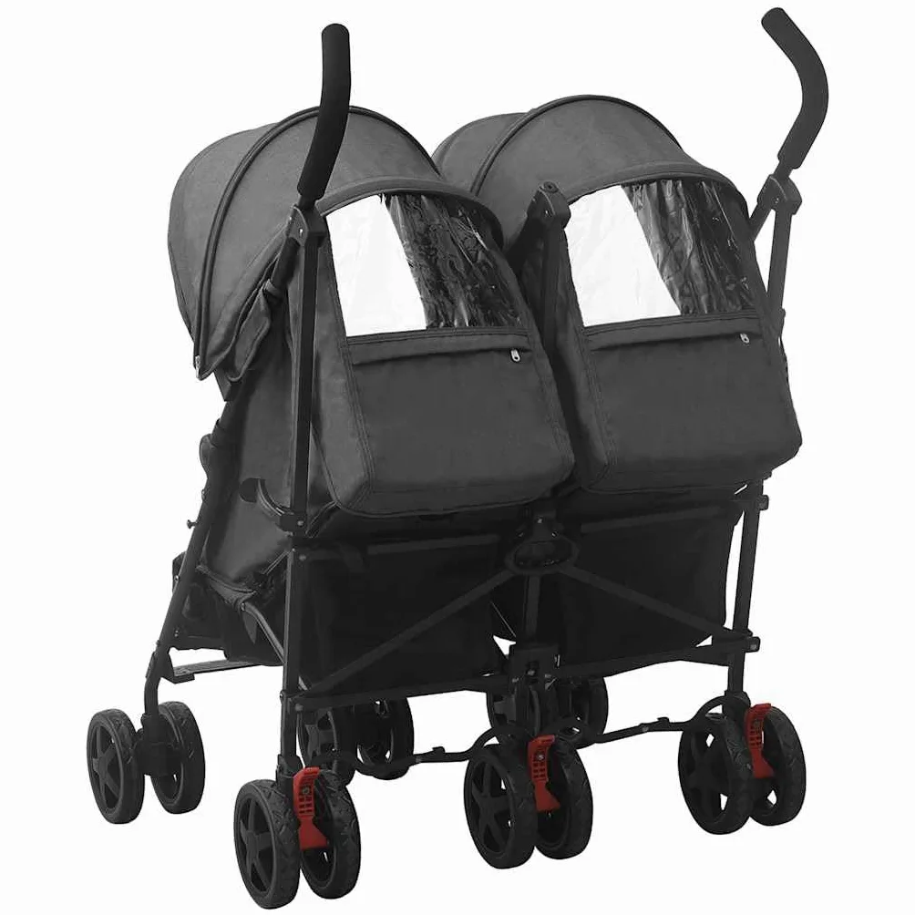vidaXL Geschwisterwagen mit 12 Rädern Korb Traggürtel Zusammenklappbar Verstellbar Kinderwagen Zwillingswagen Zwillingsbuggy Buggy Anthrazit Stahl