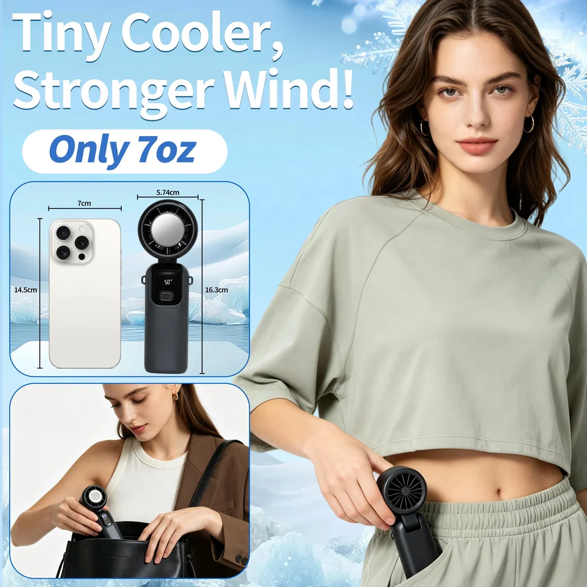 Tragbarer Turbo-Ventilator mit Eiskühler, 5-Gang-Mini-Ventilator mit LED-Display, 199 Geschwindigkeiten, persönlicher Handventilator, faltbarer Hals-Ventilator mit Umhängeband für Outdoor
