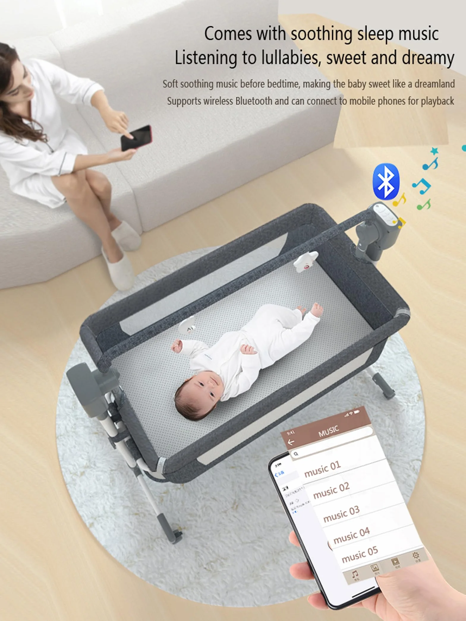 Magic ZC Elektrische Bluetooth Intelligent Beistellbett Baby mit Rollen, Faltbar Co-Sleeping Babybett, Convertible Stubenwagen Wiege mit Fernbedienung, Musik, 5-schwankende Zahnräder (601 Khaki)