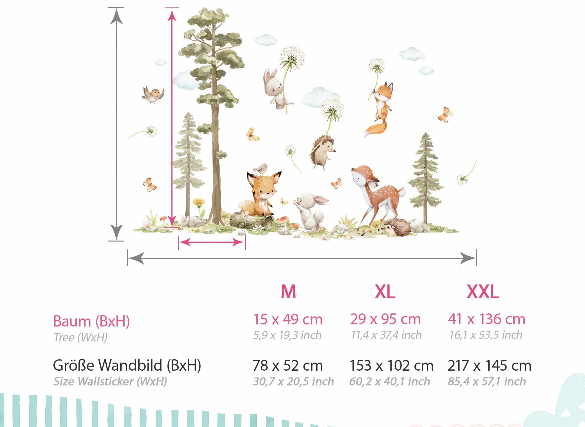 Wandtattoo Waldtiere Baum Wandsticker Fuchs Hase REH Wandaufkleber Babyzimmer Pusteblume Kinderzimmer Wanddeko DK1137-04