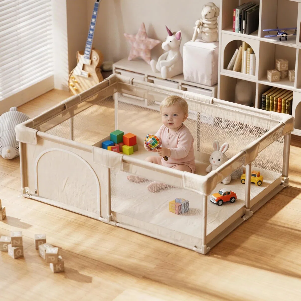 Koonmi Großes Laufstall Baby 150x180 cm Faltbarer Laufgitter mit atmungsaktivem Netz, Stoff & Saugnäpfen – für Babys & Kleinkinder, zusammenklappbarer Spielkäfig für Innen und Außen – Beige
