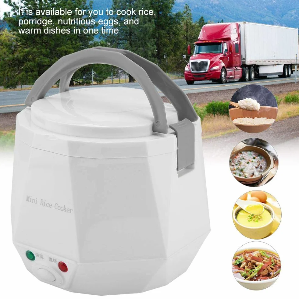 1.6 L Mini Reiskocher Elektrische Lunchbox Mini Electric Pot Tragbarer Multifunktionskochtopf Dampfgarer mit Antihaft Innentopf für truck Einsatz, 24V 140W(Weiß )