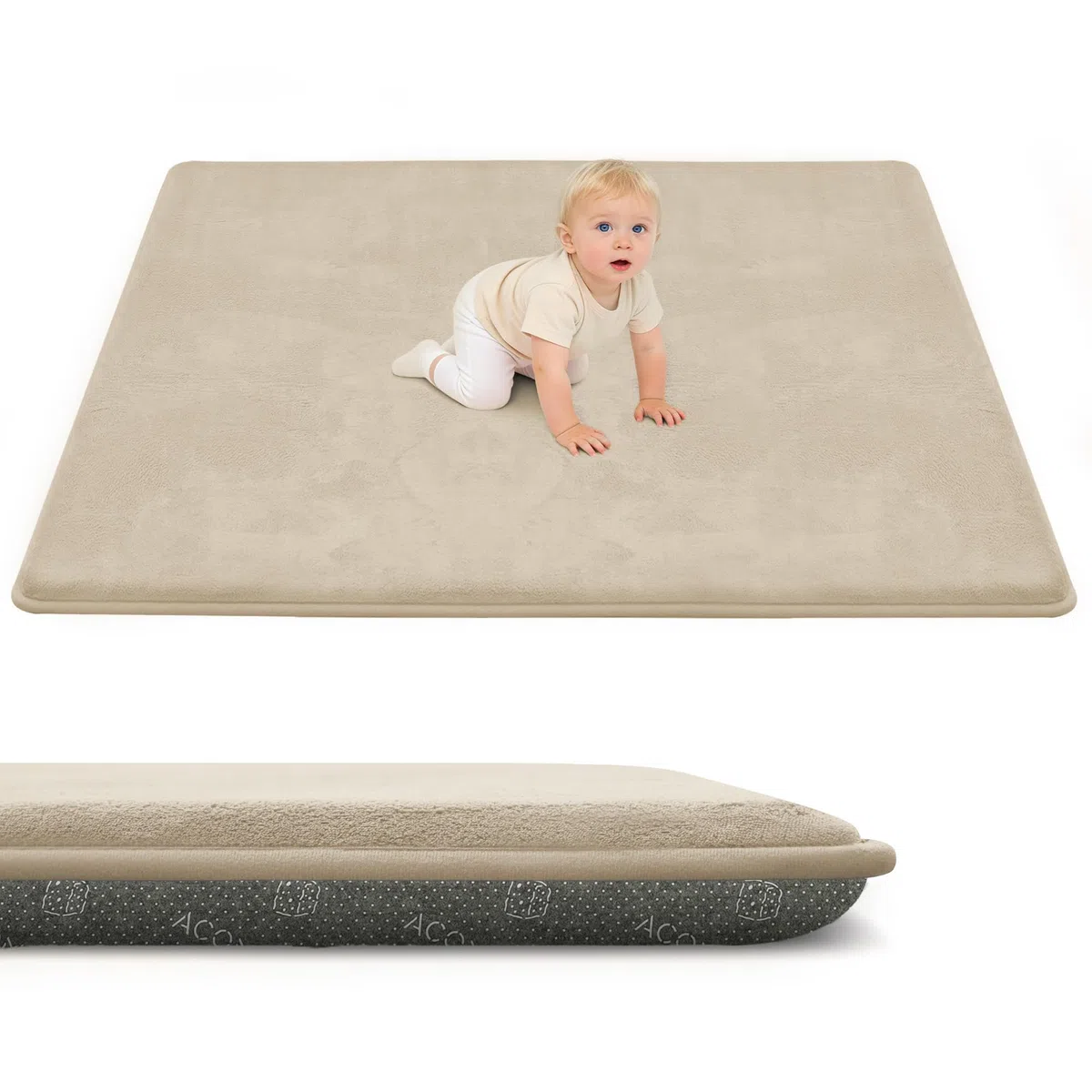 ACOMOPACK Baby Spielmatte, 3cm dick großer rutschfester Kinderteppich,Memory-Schaumstoff samtweiche Krabbelmatte für Bauchlage (Khaki, 150 x 180 cm)