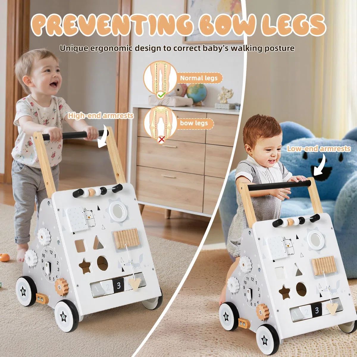 Labebe Lauflernwagen Holz, 8-in-1 Verwendung als Laufwagen, Baby Lauflernhilfe Holz mit gummierten Holzrädern und Activity Center