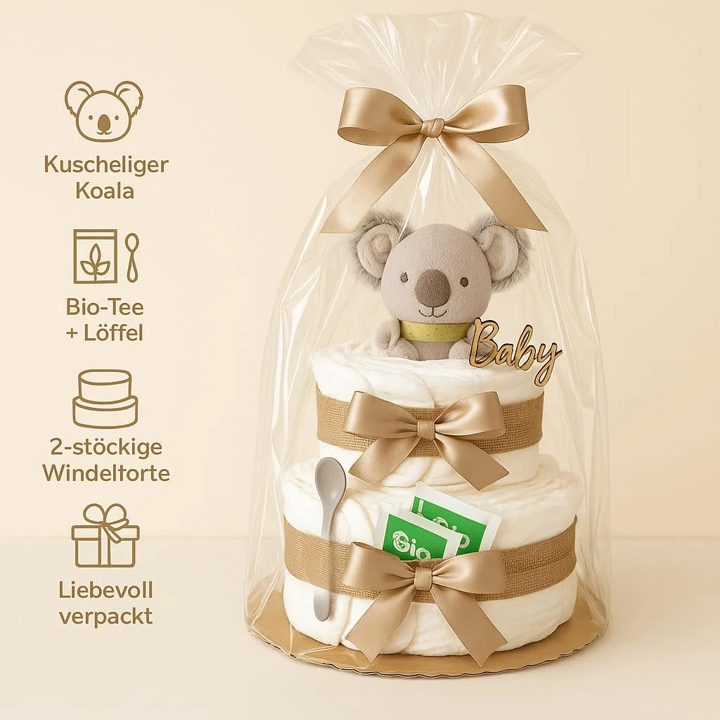 Windeltorte Mädchen & Junge mit Koala Greifling - Boho Vintage [Handmade] – Baby Geschenk zur Geburt mit Koala-Greifling, Premium Windeln & Bio-Tee – Windeltorte Neutral & für Babyparty