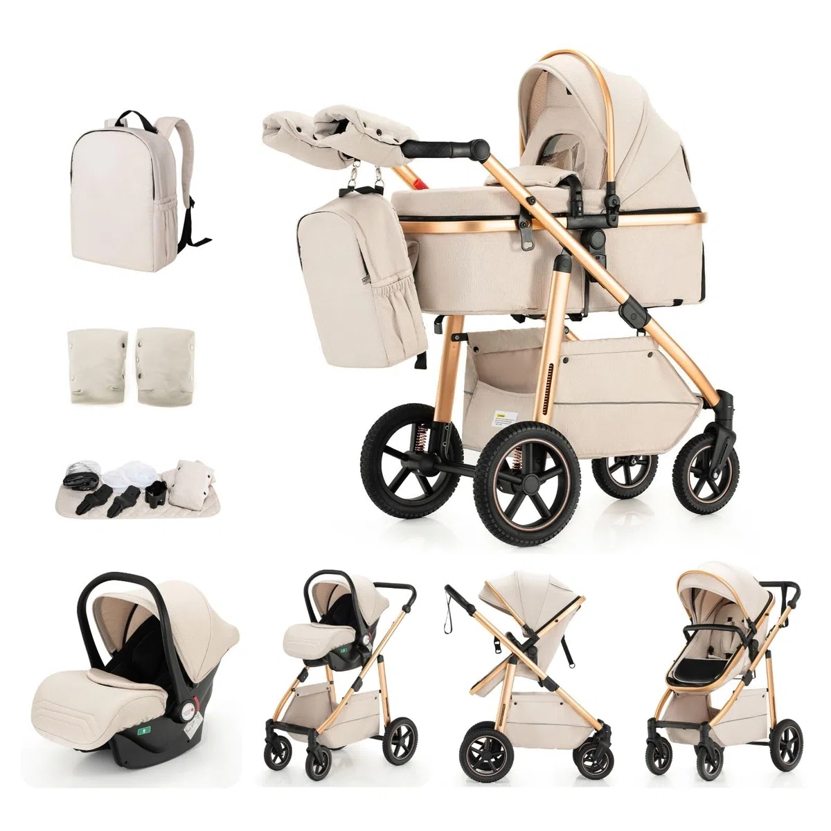 3-in-1 Kinderwagen | Kombi-Kinderwagen mit Babyschale | Buggy mit Höhenverstellbarem Griff | Aluminium-Rahmen | Moskitonetz | für Neugeborene 0-4 Jahr