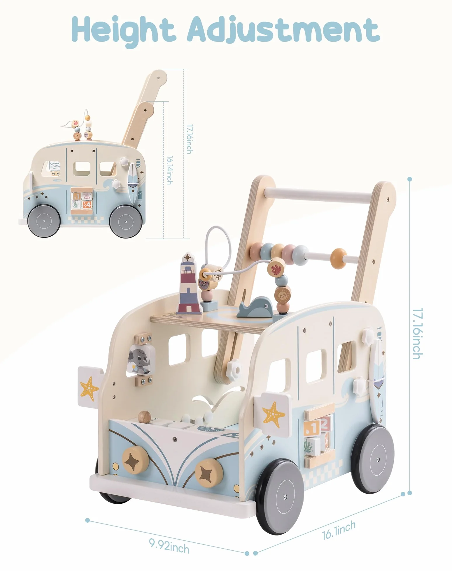 ROBUD Lauflernwagen Holz, Multifunktion Baby Lauflernhilfe mit & Rädern & Bauklötzen Spielgeräte Aktivitätszentrum Set, Baby Walker Spielzeug Geschenk für Kleinekinder Kinder 10 Monate - 1-2 Jahre