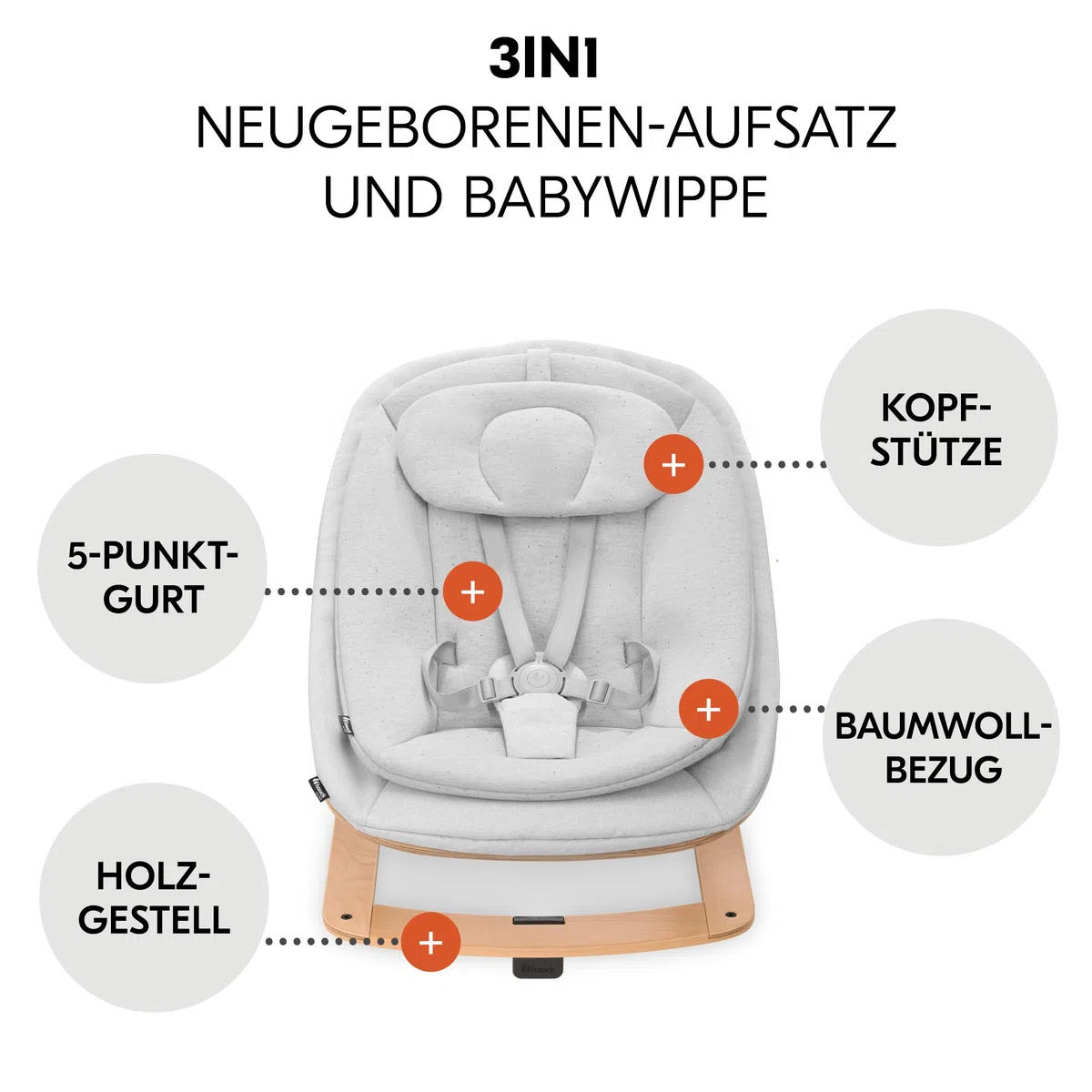Hauck Beta+ Hochstuhl Newborn Set mit Eco Bouncer Natural - Mitwachsender Holz Kinderhochstuhl mit Rollen ab Geburt bis 90 kg inkl. Neugeborenenaufsatz, Essbrett & Sitzkissen
