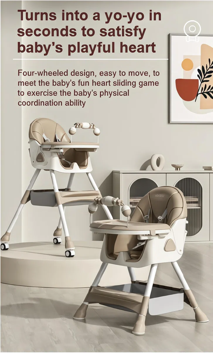 MoLi PU-Leder Hochstuhl Baby mit Schaukelfunktion, Hochstuhl mit Rädern, Verstellbarer und Leicht Zusammenklappbarer Kinderhochstuhl, Hochstühle mit Doppeltablett (560 Khaki)