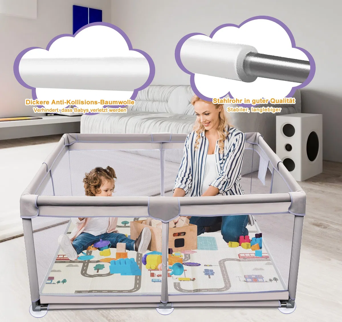 Faltbarer Baby-Laufstall 120x120 cm mit Spielmatte,Anti-Kollision Schaum Absperrgitter mit atmungsaktivem Netz–Der sichere Spielpark für Kind |Perfekter Laufgitter zum Krabbeln, Laufen & Spielen