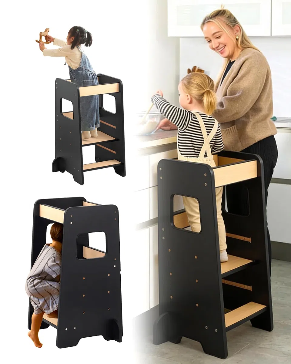 Lernturm höhenverstellbar aus Holz – Montessori Lernturm ab 1 Jahr, Tritthocker Kinder für Küche/Arbeitsplatte & Waschbecken, mitwachsend – Schwarz