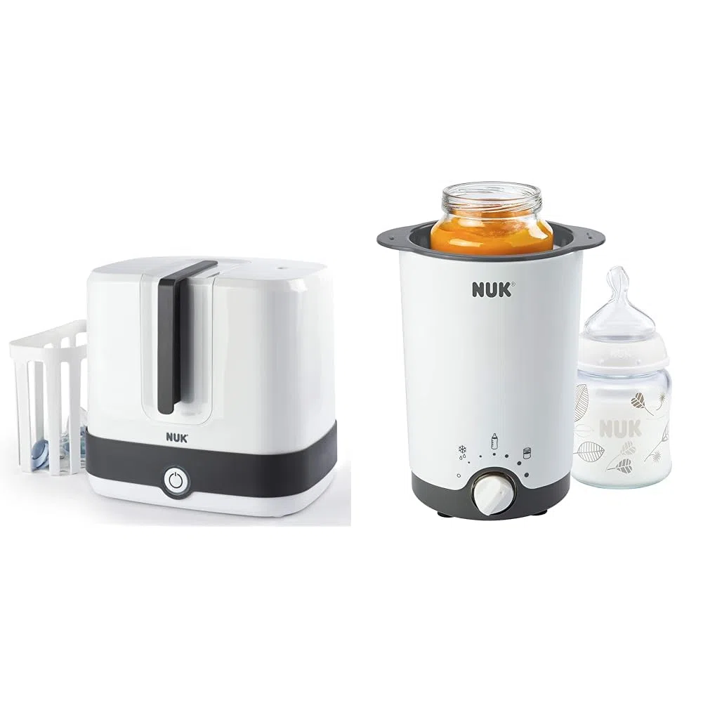 NUK Vario Express Dampf-Sterilisator Modular für bis zu 6 Babyflaschen, 1 Stück & Thermo 3 in 1 Flaschenwärmer, zum einfachen, sicheren und schonenden Erwärmen, 1 Stück (1er Pack)