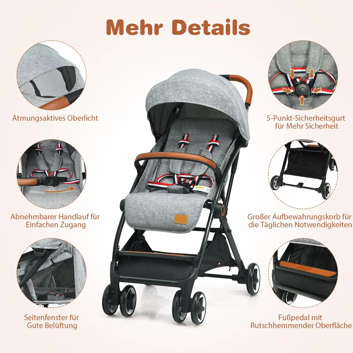 COSTWAY Kinderwagen Einhand Faltbar, Kinderbuggy mit verstellbare Rückenlehne & Verdeck, Reisebuggy mit Liegefunktion, Sicherheitsgurt für Baby bis 3 Jahren, 15 kg Belastbar (Grau)