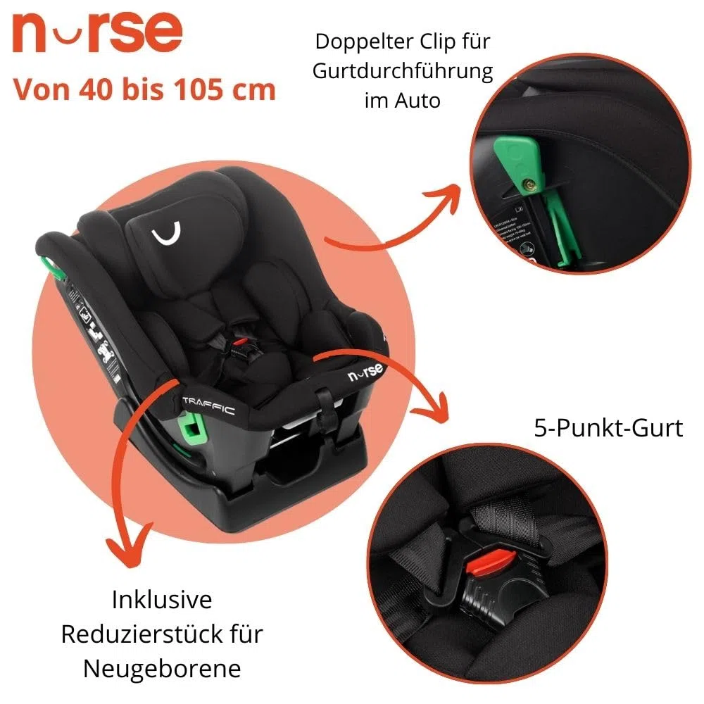Nurse Traffic Kindersitz i-Size 40-150 cm, 0-12 Jahre, Ohne Isofix, Rückwärtsgerichtet, Verstellbar, mit Neugeboreneneinsatz, Gurtinstallation, Grau