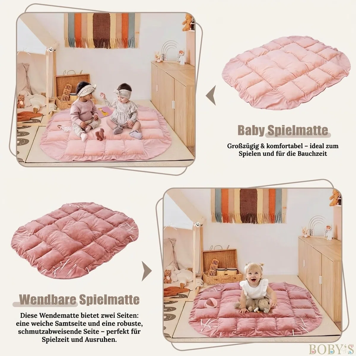 BOBY´S Baby Spielbogen mit Babynest & Krabbeldecke – Baby Gym mit Spielzeug – Spielmatte, Laufstall & Bällebad – weich gepolstert für Neugeborene (Rosa)