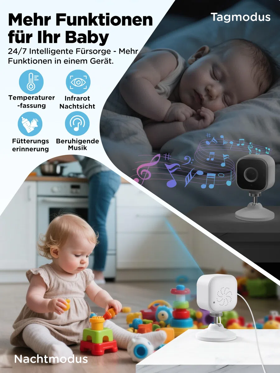 NUOTUN Babyphone mit Kamera Ohne WLAN, Tragbares Baby Kamera mit Halterung | Zwei-Wege-Audio, Sichere 2,4GHz, Nachtsicht, VOX-Modus, Temperatursensor, 4X Zoom, Timer, Schlaflieder