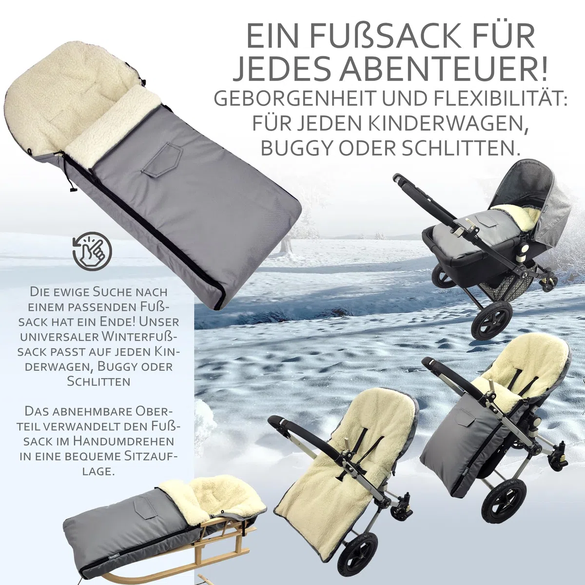 Kombi-Angebot [Holz-Schlitten + universaler Winterfußsack 108cm] Rodel mit Rückenlehne und Zugseil Fußsack geeignet für Babyschale Kinderwagen Buggy mit Lammwolle (schwarz (108cm))
